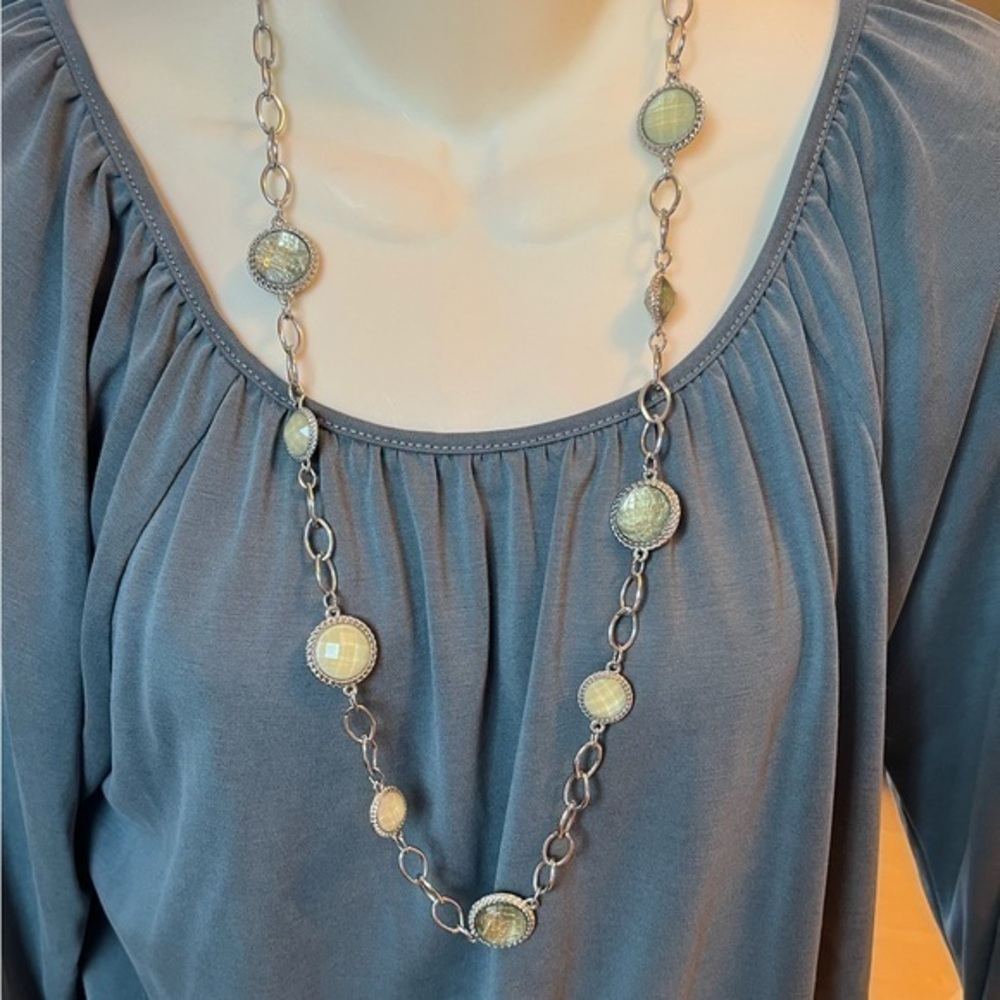 Charming Charlie Silver Tone Link Faux Faceted Opal Station Long Necklace